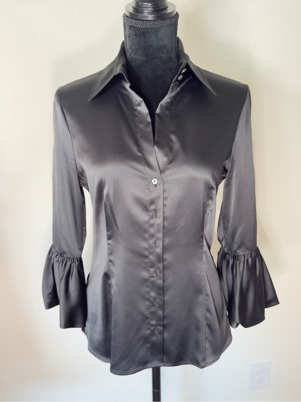 BCBGMaxAzria Black Satin Button-Down Blouse with Ruffled Cuffs & Flexible Waist
